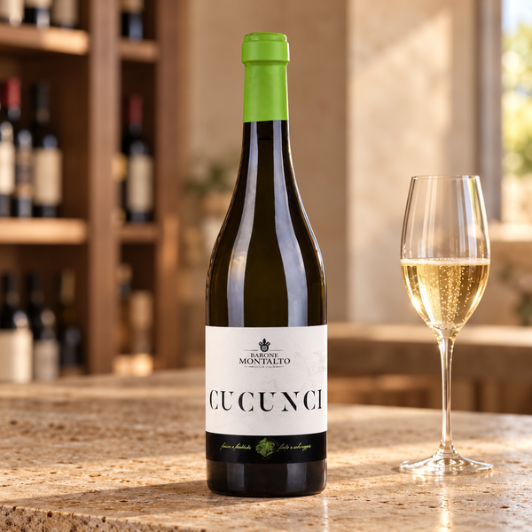 Cucunci con calice da degustazione nell’ambientazione calda di un’enoteca.