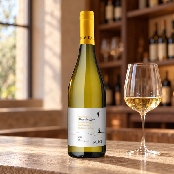 Bianco Maggiore Grillo con calice da degustazione nell’ambientazione calda di un’enoteca.
