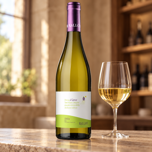 Al Qasar Zibibbo secco Rallo con calice di vino bianco, nell’ambientazione calda di un’enoteca.