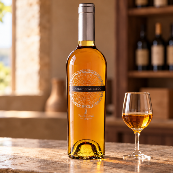 Passito di Pantelleria Giardino Pantesco con calice da degustazione nell’ambientazione calda di un’enoteca.