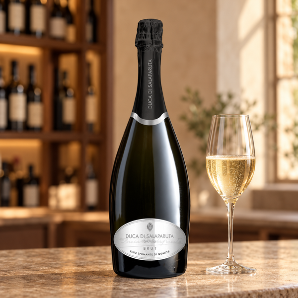 Duca Brut Riserva con calice da degustazione nell’ambientazione calda di un’enoteca.