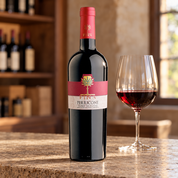Perricone Fina con calice da degustazione nell’ambientazione calda di un’enoteca.