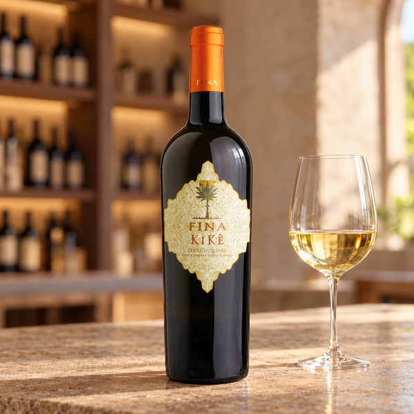 Kikè con calice da degustazione nell’ambientazione calda di un’enoteca.