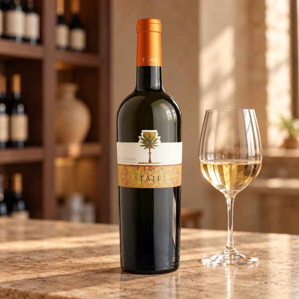 Taif con calice da degustazione nell’ambientazione calda di un’enoteca.