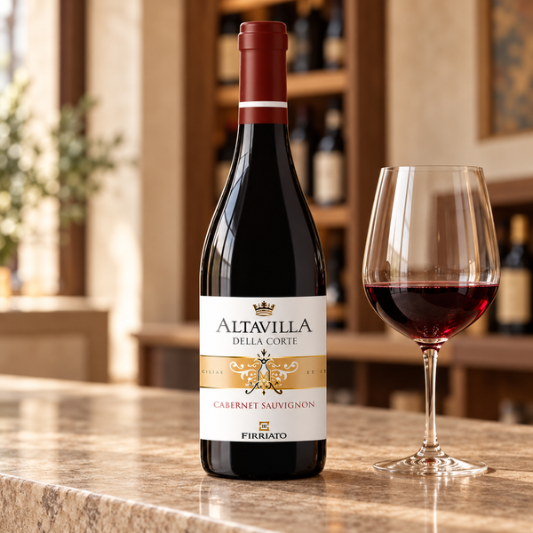 Altavilla della Corte Caubernet Sauvignon con calice da degustazione nell’ambientazione calda di un’enoteca.