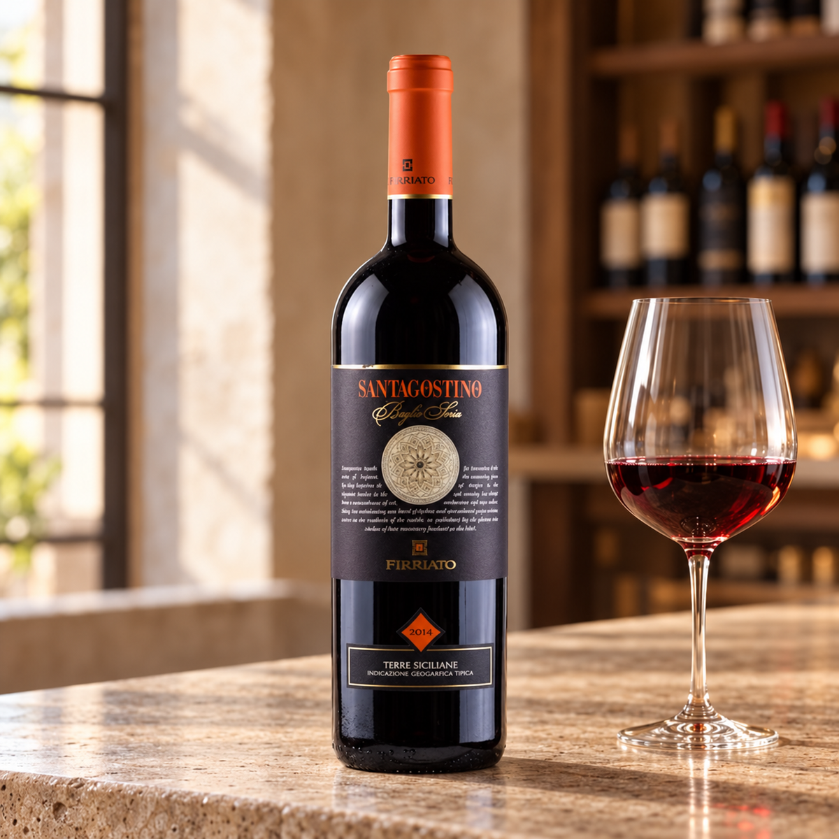 Sant'Agostino Baglio Soria Rosso con calice da degustazione nell’ambientazione calda di un’enoteca.