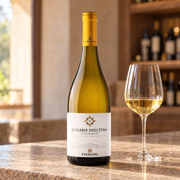Le Sabbie dell'Etna Bianco con calice da degustazione nell’ambientazione calda di un’enoteca.
