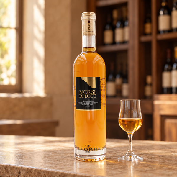 Morsi di Luce Zibibbo con calice da degustazione nell’ambientazione calda di un’enoteca.