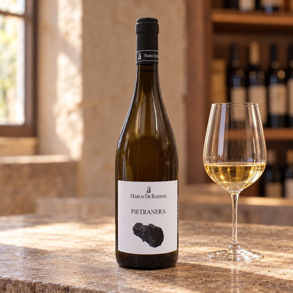 Pietranera con calice da degustazione nell’ambientazione calda di un’enoteca.