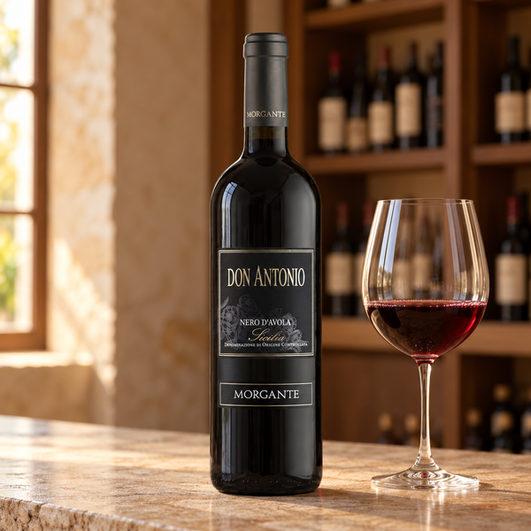 Don Antonio con calice da degustazione nell’ambientazione calda di un’enoteca.
