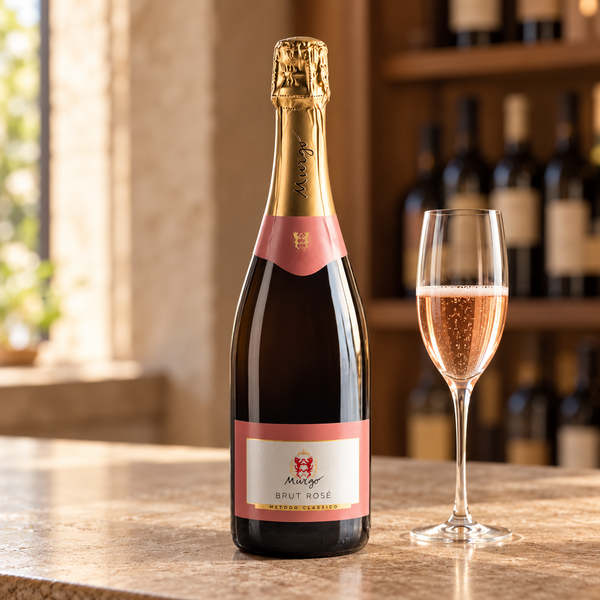 Murgo Brut Rosè con calice da degustazione nell’ambientazione calda di un’enoteca.