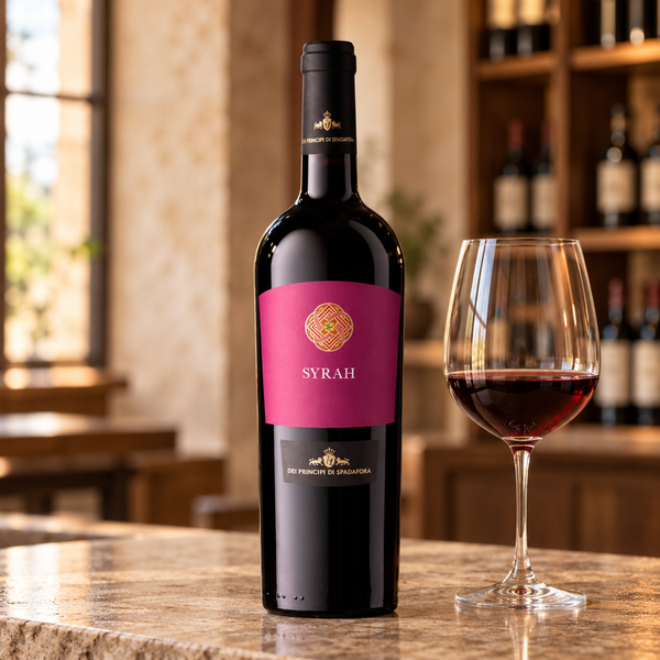 Syrah dei Principi di Spadafora con calice da degustazione nell’ambientazione calda di un’enoteca.