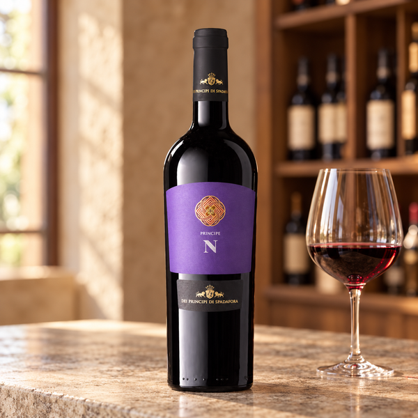 Principe N con calice da degustazione nell’ambientazione calda di un’enoteca.