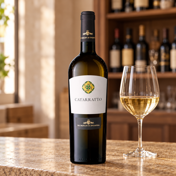 Catarratto dei Principi di Spadafora con calice da degustazione nell’ambientazione calda di un’enoteca.