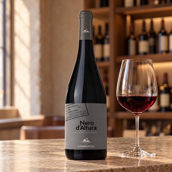 Nero d’Altura con calice da degustazione nell’ambientazione calda di un’enoteca.