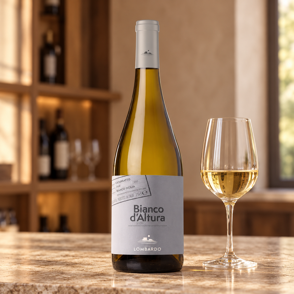 Bianco d'Altura con calice da degustazione nell’ambientazione calda di un’enoteca.