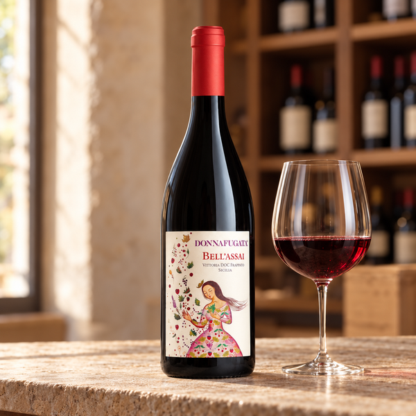 Bell'assai Frappato con calice da degustazione nell’ambientazione calda di un’enoteca.