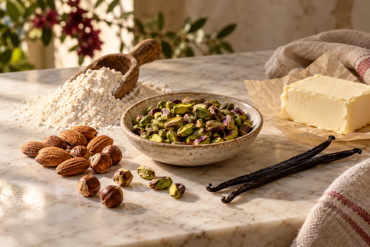 Composizione d’ambientazione con pistacchi, mandorle, nocciole, farina, burro e vaniglia