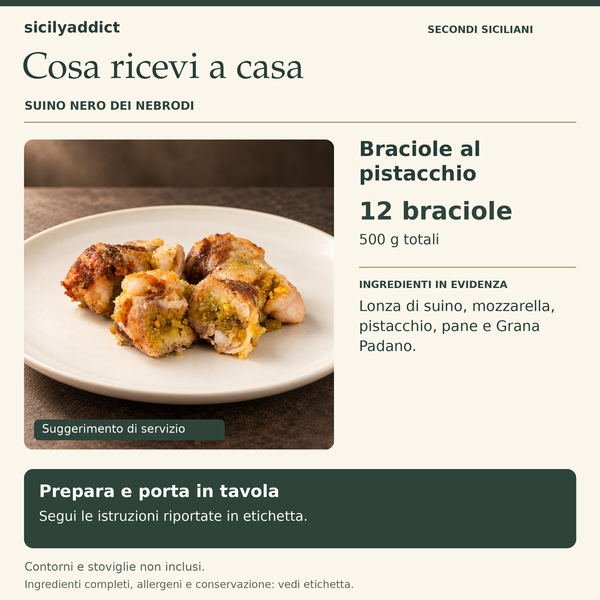 Braciole al pistacchio di Suino Nero dei Nebrodi – cosa ricevi a casa: 12 braciole, 500 g totali.