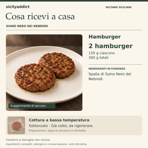 Hamburger di Suino Nero dei Nebrodi – cosa ricevi a casa: 2 hamburger, 150 g ciascuno, 300 g totali.