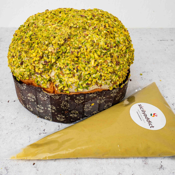 Panettone artigianale al pistacchio 1kg con crema di pistacchio in sac a poche da 200g