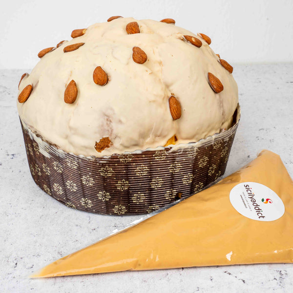 Panettone artigianale alle mandorle 1kg con crema alla mandorla in sac a poche da 200g